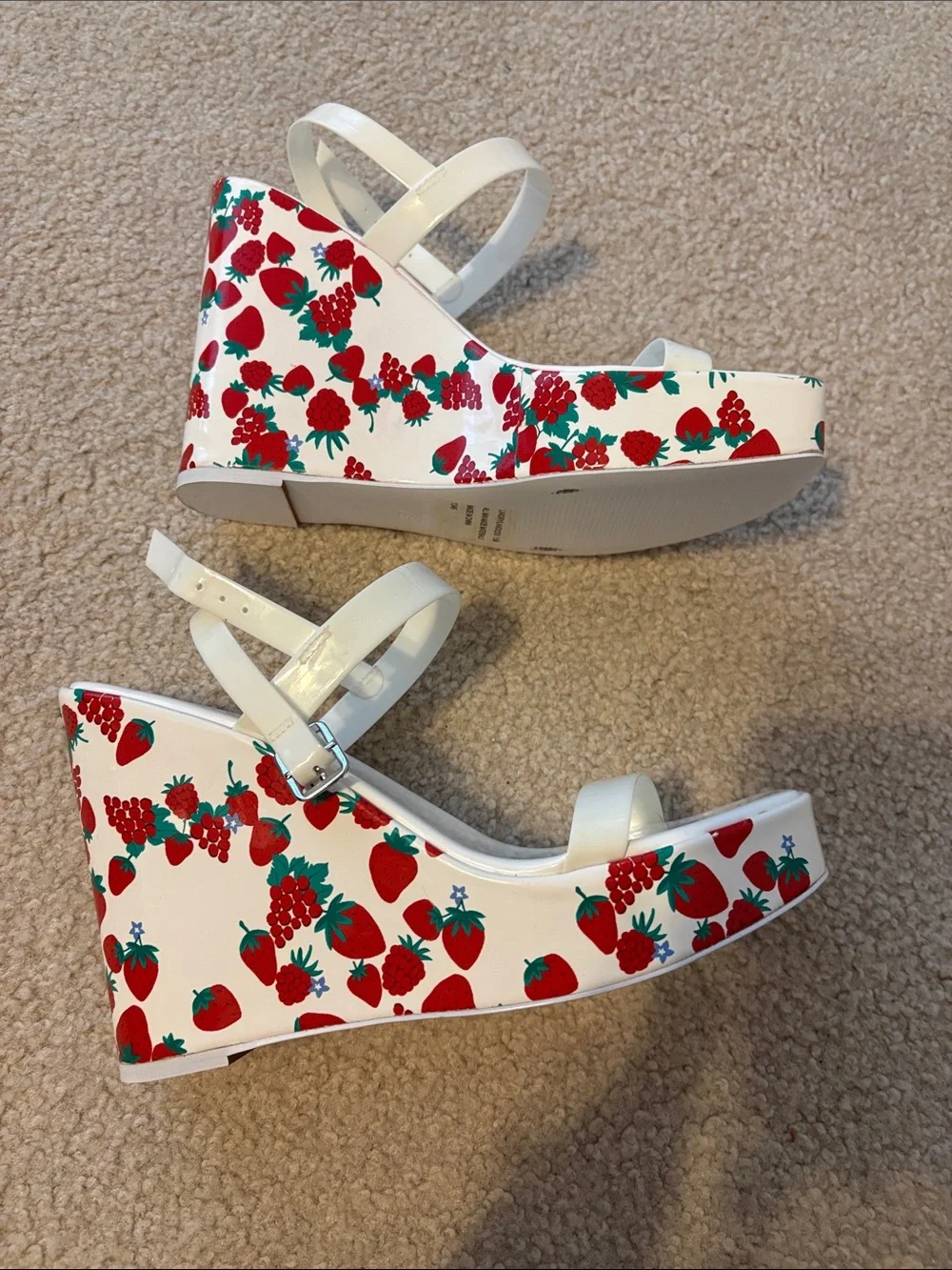 Betsey Johnson White Platform Sandals with Red & Green Floral Trim